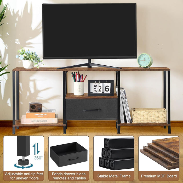 46" TV Stand with Manual LED Lights & Fabric Drawer, 3-Tier Storage Media Console for 55" TV, Adjustable Feet, Rustic Brown Entertainment Center for Living Room/Bedroom