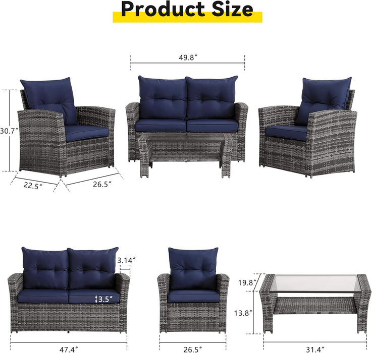 4 Piece Outdoor Patio Furniture Set, Outdoor Sectional Furniture, Wicker Sectional Conversation Sofa Set with Glass Table and Cushions (4 Piece Navy)