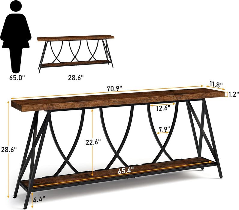 70.9" Narrow Console Table for Entryway, Industrial Long Sofa Table behind Couch, Farmhouse Hallway Table with Storage for Living Room, Entrance, Foyer, Rustic Brown