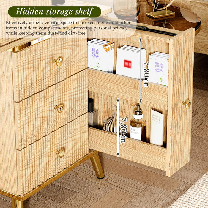 Vanity Desk with 35.12" HD Lighted Mirror, 46.85" Big Modern Vanity Desk with Mirror and Lights, Makeup Vanity with 7 Drawers and Storage Shelves and Charging Station, Oak