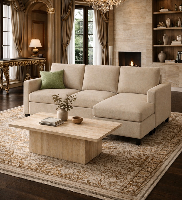 Small Space Living Room Set Reversible L-Shaped Linen Sectional Sofa & 47" Coffee Table
