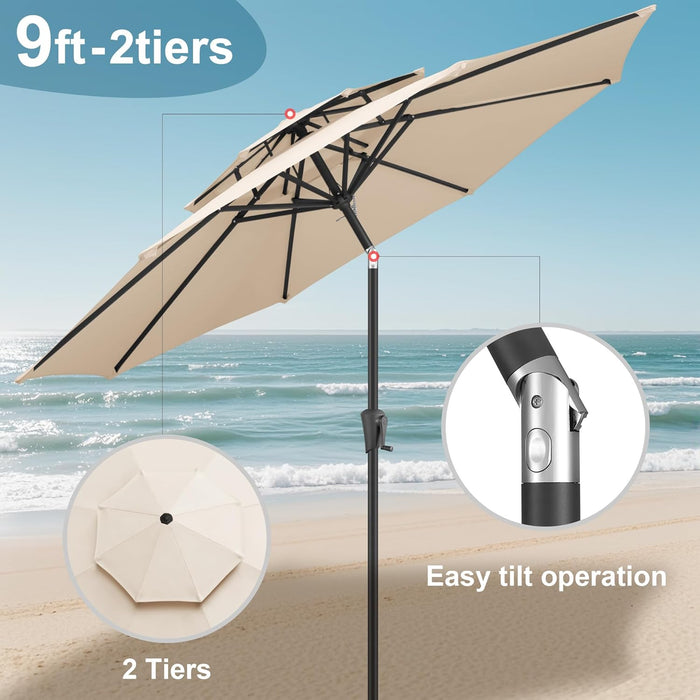 9Ft Patio Umbrella - 2 Tiers Outdoor Umbrella with Push Button Tilt and Crank for UV Protection, Table Market Umbrella for Garden, Deck, Backyard, Pool and Beach(Beige)