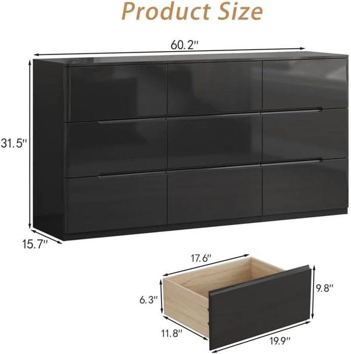 High Gloss Dresser for Bedroom, 60.2" Wide 9 Drawer Dresser, Black