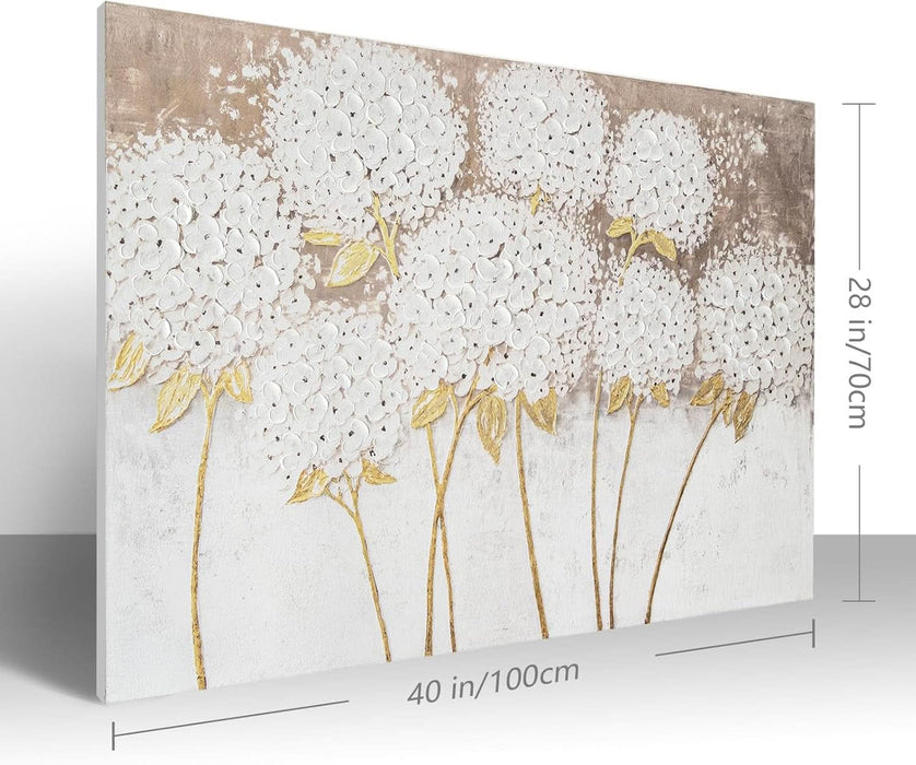 Large Hand Painted Wall Art White Hydrangea Canvas Wall Decor, Modern Floral Wall Decor, 3D Textured Oil Painting, Large Canvas Wall Art for Living Room Bedroom Office Decoration 40X28 Inch