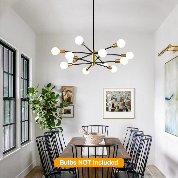 33" Modern Chandelier Ceiling Light Fixture, 12-Light Sputnik Chandeliers Gold and Black Mid Century Chandelier over Table, Height Adjustable Chandeliers for Dining Room Living Room Kitchen Island