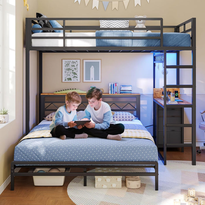 Twin over Full Bunk Bed with Desk,Led Lights and 4 Drawers,Metal Bunk Beds with Storage Headboard and Charging Station,L-Shaped Bunk Bed for Kids/Teen with Safety Guardrail and Ladder,Black