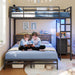 Twin over Full Bunk Bed with Desk,Led Lights and 4 Drawers,Metal Bunk Beds with Storage Headboard and Charging Station,L-Shaped Bunk Bed for Kids/Teen with Safety Guardrail and Ladder,Black