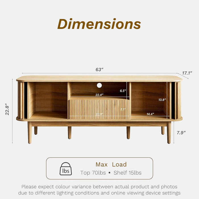 63" Tambour TV Stand, Fluted TV Stand for Tvs up to 70'', Modern Entertainment Center with Storage, Wood Media Console with Sliding Doors for Living Room, Natural