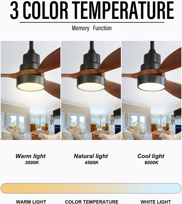 Ceiling Fan with Lights, 52 Inch Low Profile Flush Mount Mordern Wood Ceiling Fan with Remote for Indoor Farmhouse Bedroom Living Room Outdoor Patio Porch, Reversible DC Motor, Noiseless