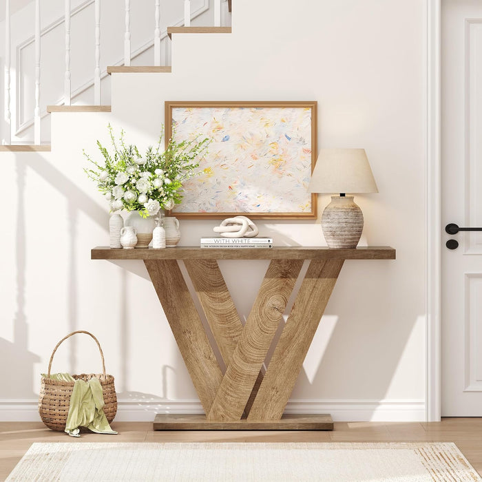 51 Inch Console Table, Modern V-Shaped Entryway Table, Wood Sofa Table behind the Couch for Living Room, Hallway, Entrance, Foyer, Easy Assembly, Brown