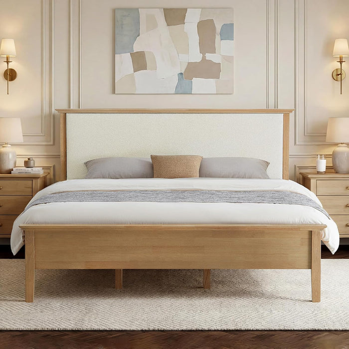 Queen Size Platform Bed Frame, with Boucle Upholstered Headboard & Wooden Slats Support, Modern Farmhouse Style Bed, No Box Spring Required, Large under Bed Storage, Easy Assembly, Natural