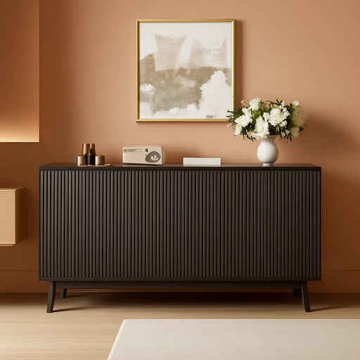 59'' Sideboard Buffet Storage Cabinet with Metal Handle, Fluted Cabinet with Rounded Corners, Modern Buffet Table Accent with 4 Doors for Coffee Bar, Console Table,Walnut