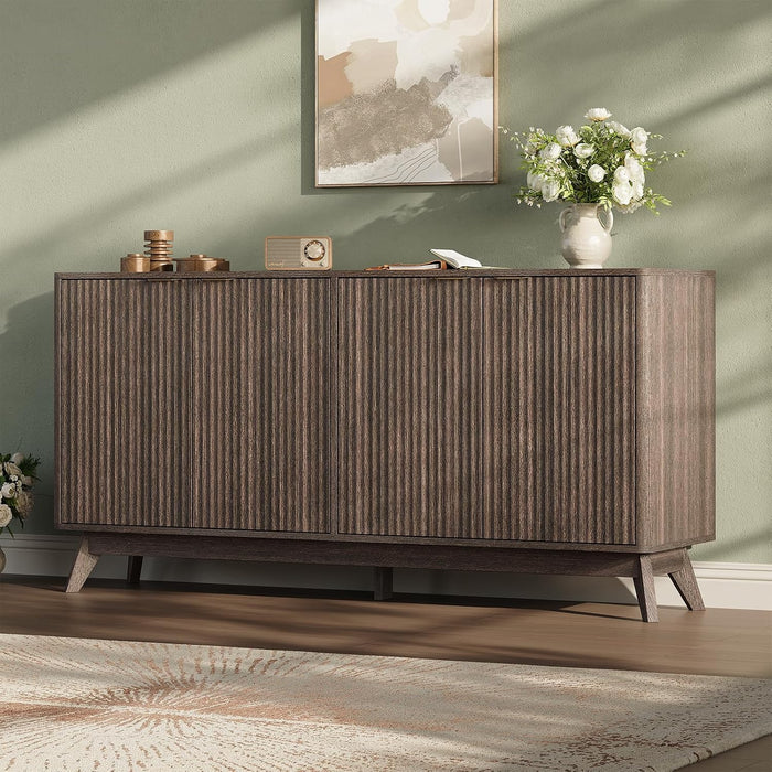 59'' Sideboard Buffet Storage Cabinet with Metal Handle, Fluted Cabinet with Rounded Corners, Modern Buffet Table Accent with 4 Doors for Coffee Bar, Console Table,Walnut