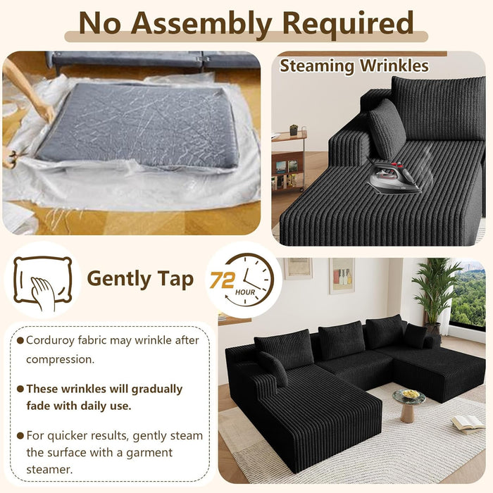 107Inch Modular Sectional Sofa Black Corduroy Upholstered