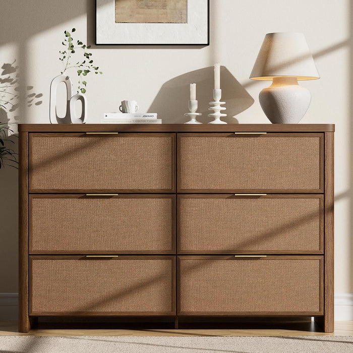 Rattan 6 Drawer Dresser for Bedroom,47.2" Wide,Walnut,Modern Chest of Drawers with 6 Large Storage Space and Curved Edge Design, 6 Drawer Large Dresser for Bedroom