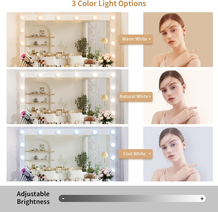 Vanity with Lighted Mirror - Makeup Vanity Desk with Power Outlet and 7 Drawers, 3 Color Lighting Modes Adjustable Brightness, 44" Vanity Table with Soft Cushioned Stool for Women Girls, White