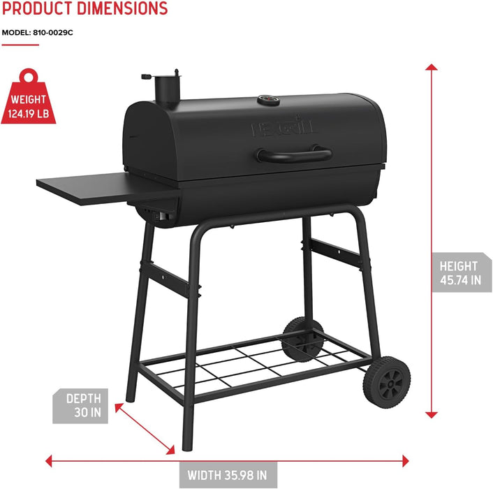 Premium 29" Charcoal Grill with Side Shelf, 552 SQ in Cooking Space, Adjustable Charcoal Tray, Chimney Air Vent, Warming Rack, Barrel Smoker Grill for Camping, Picnics, and More - 810-0029C