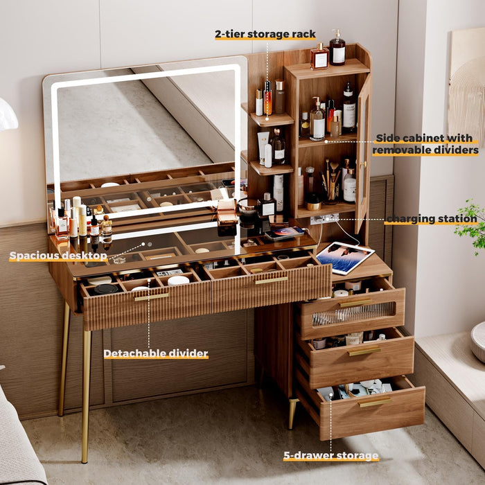 Vanity Desk with 29.53" HD Lighted Mirror, 47.24" Big Modern Vanity Desk with Mirror and Lights, Makeup Vanity with 5 Drawers and Storage Shelves and Charging Station,Brown