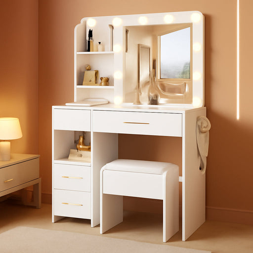 Vanity Desk with LED Lighted Mirror&Power Outlet, 3 Lighting Colors Makeup Vanity Desk with 5 Large Drawers and 3 Storage Shelves, White Vanity with Storage Stool for Bedroom