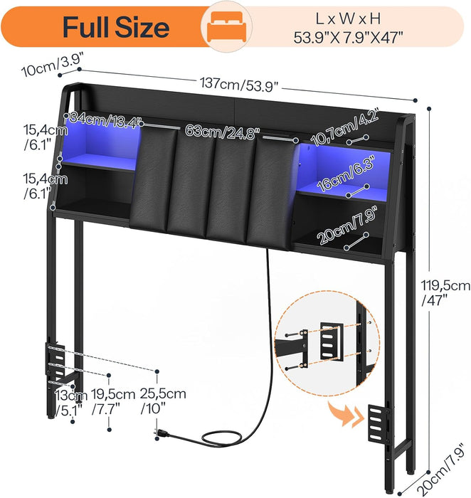 Upholstered Headboard Full Size with Storage, Headboard with Charging Station and LED Light Strip, Padded Backrest and Open Storage Shelf, Metal Frame Adapter, for Full Bed Frames, Black
