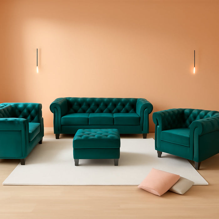 3-Piece Living Room Sectional Sofa Set, Green Velvet Couch Upholstered Sofa Modern Sofa Couches Set Style Button Tufted, Velvet Chesterfield Sofa for Living Room Apartment, 1+2+3 Seat Green
