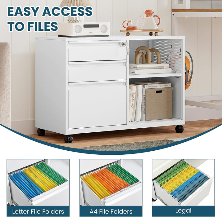 White 3-Drawer Rolling Metal File Cabinet Lockable