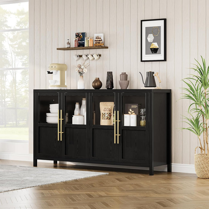 Sideboard Buffet Cabinet with 4 Glass Doors, 55 in Buffet Table Coffee Bar Wine Bar Display Cabinet for Kitchen Dining Room, Living Room (Glass with 4 Doors, Dark)