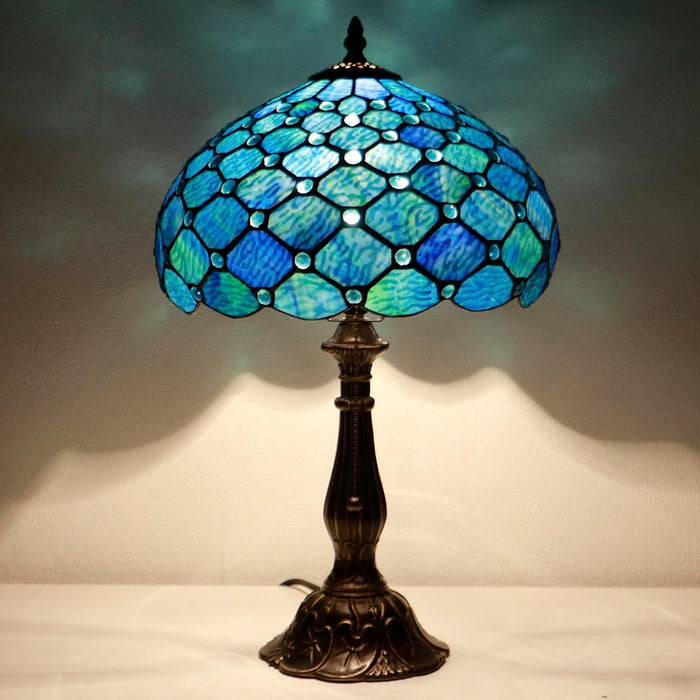 Tiffany Style Stained Glass Table Lamp Sea Blue Pearl 18.5 Inch