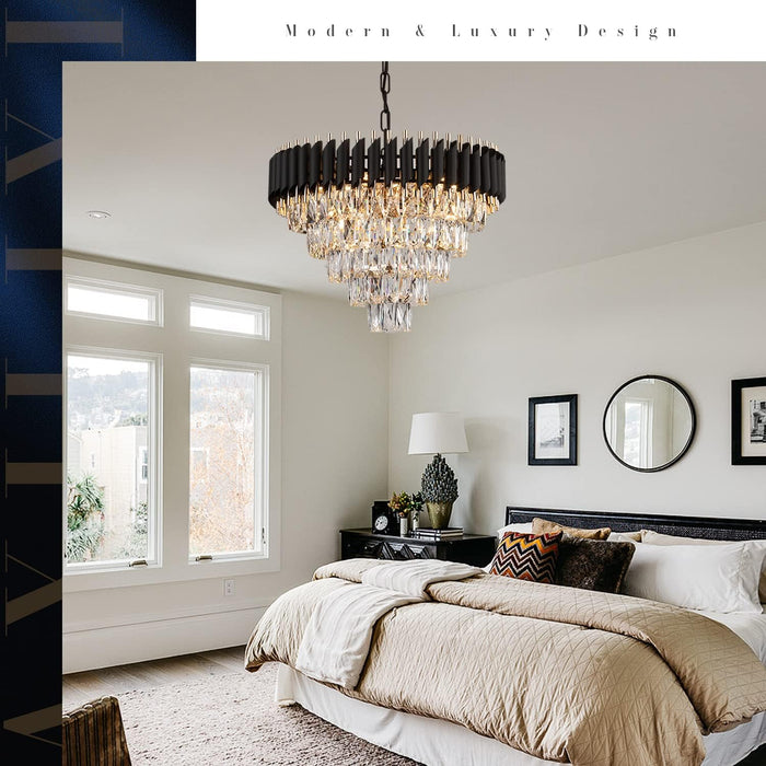 AXILIXI Crystal Chandelier Contemporary, 24" Modern Living Room Chandeliers, K9 Crystal Ceiling Lights Fixtures, round 5 Tiers Pendant Lighting Chandelier Black for Entryway Dining Room Staircase