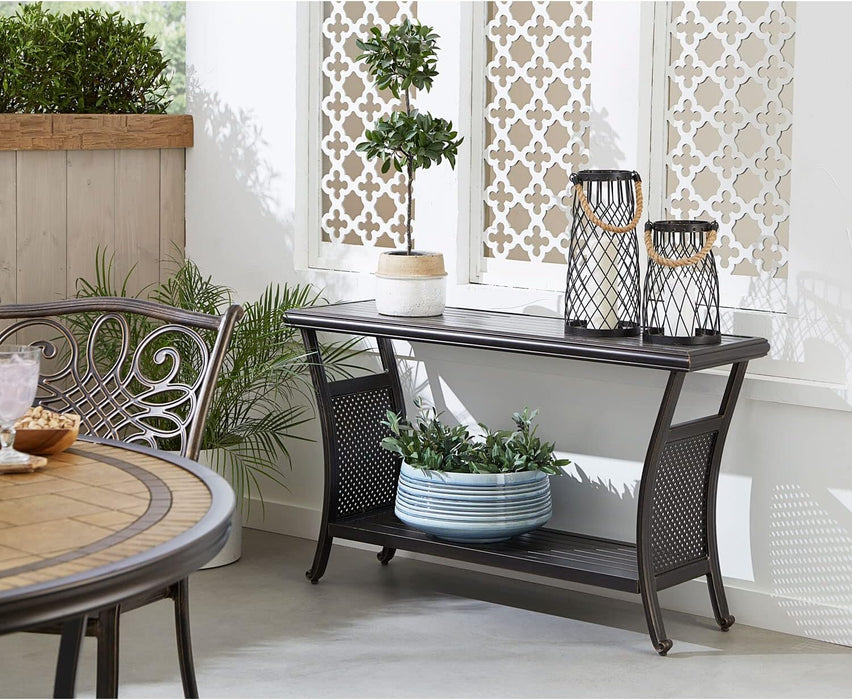 Traditions Outdoor Table, 50" Slat Top Console Table with 2 Shelves, Rust-Resistant All-Weather Patio Table with Brushed Bronze Finish, Perfect for Storage and Display Space or Bar Set Up