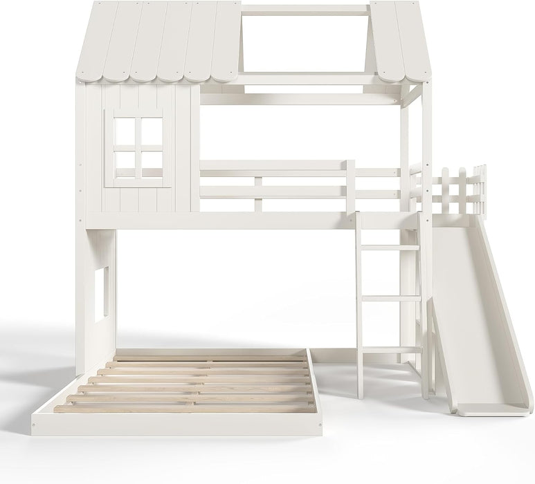 NaturalPineDurable TwinOverFull BunkBed WithSlide StorageChest Playhouse Framework