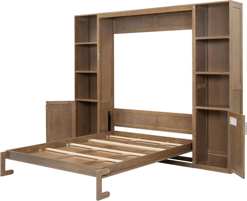 Queen Size Murphy Bed, Farmhouse Wall Bed Frame with Storage Shelves and Cabinets, Can Be Folded into a Cabinet, No Box Spring Needed, Wood