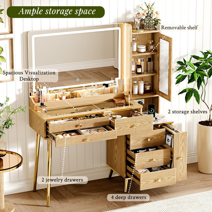 Vanity Desk with 35.12" HD Lighted Mirror, 46.85" Big Modern Vanity Desk with Mirror and Lights, Makeup Vanity with 7 Drawers and Storage Shelves and Charging Station, Oak