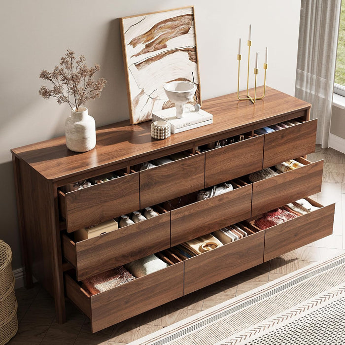 Walnut 10 Drawer Dresser for Bedroom, 63" W Modern Wood Dresser