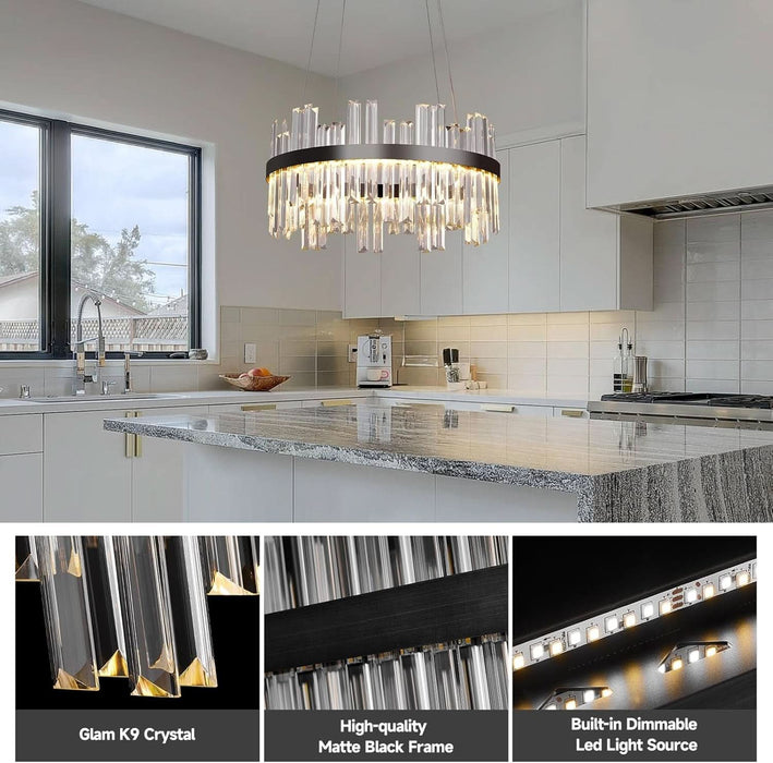 Black Led Modern Crystal Chandelier: 19.7" round Contemporary 3 Color Dimmable Dining Room Light Fixture over Table - Adjustable Lighting Chandeliers for Bedroom Living Kitchen Island Entryway Foyer