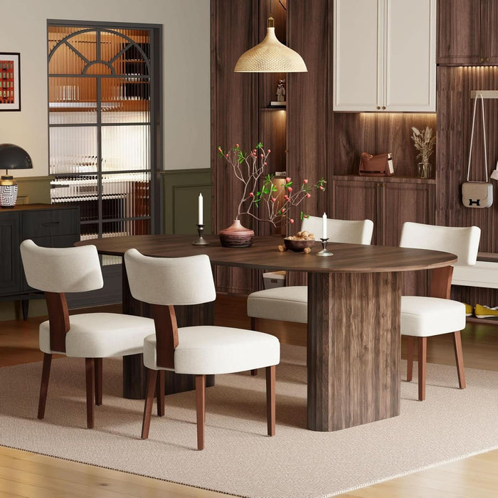 Modern Farmhouse Oval Dining Table Set for 4, 71 Inch Wood Grain Kitchen Table & Beige Upholstered Dining Chairs with Curved Back & Solid Wood Legs, Kitchen Living Room Furniture Set(Walnut)