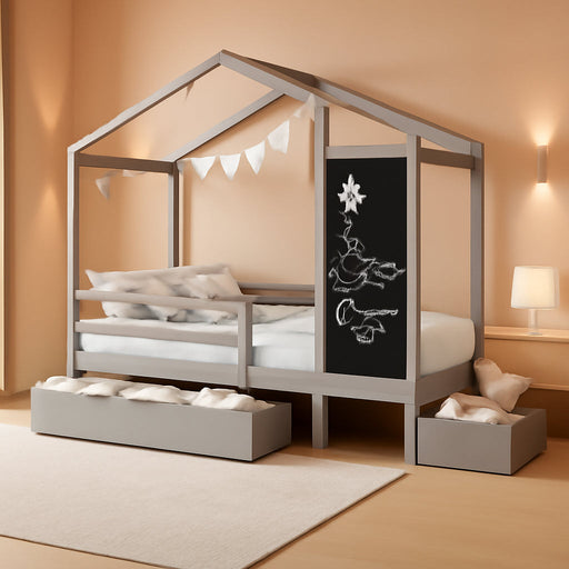 Twin House Bed With GreyWoodFinish Storage Drawers