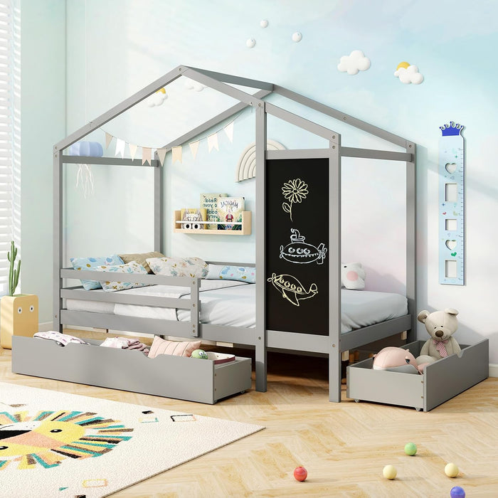 Twin House Bed With GreyWoodFinish Storage Drawers