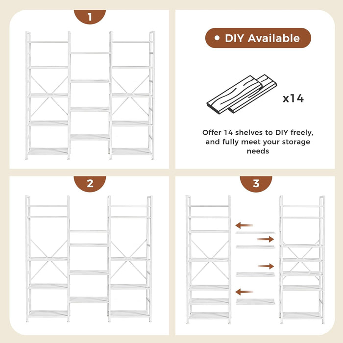 Triple 5 Tier Bookshelf, Bookcase with 14 Open Display Shelves, Wide Book Shelf Book Case for Home & Office, White