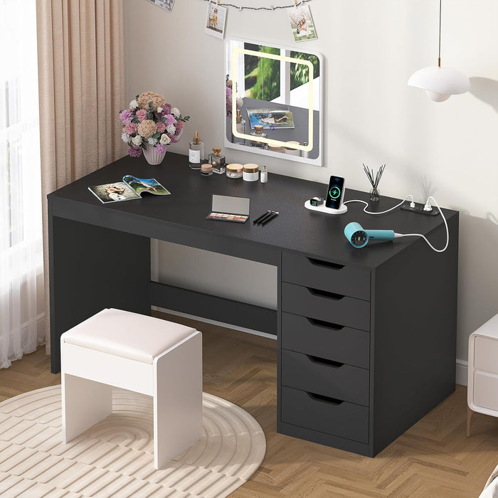 47 Inch Computer Desk with 5 Drawers and Power Outlets, Home Office Desks with Storage File Cabinet, Modern Simple Laptop Desk Writing Table for Small Spaces, Black