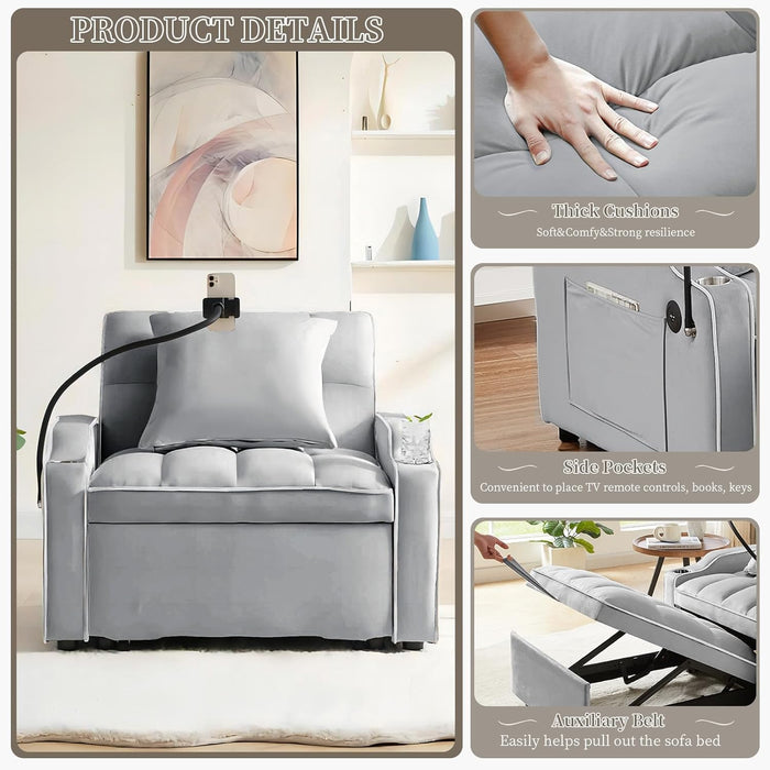 Gray Convertible Sleeper Chair With Builtin Cupholder