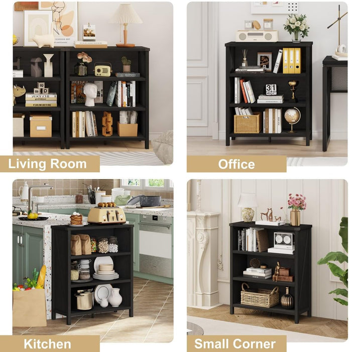 Small Black Bookshelf, 3 Tier Short Book Shelf, Farmhouse Bookcase Storage Organizer, Wooden Book Cases for Small Space, Office, Bedroom, Living Room, Apartment (Black Oak)