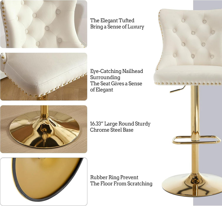 Swivel Gold Bar Stools Set of 2, Velvet Adjustable Barstools with Tufted Back, Nailheads Trim and Pull Ring, Counter Height Upholstered Bar Chairs for Kitchen Island Restaurant Home (Cream-Gold)