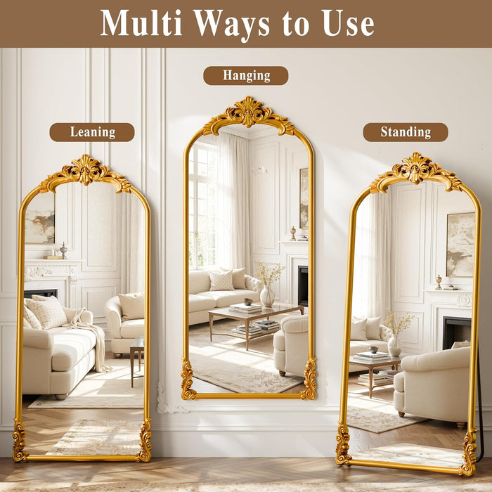 71"X32" Vintage Gold Arched Full Length Mirror with Carved