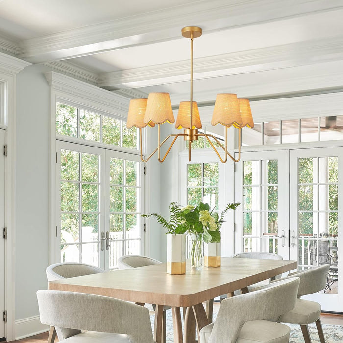 28" Rattan Chandelier, Large Modern Pendant Light Fixtures with Flower Shades Antique Brass Brush Paint Finish for Dining Room, Kitchen Island, Foyer, Living Room 5-Light