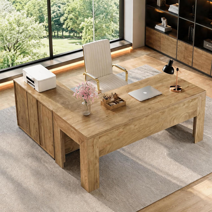L Shaped Executive Office Desk with Drawers, Light Brown