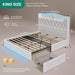 King Size Bed Frame with 4 Storage Drawers and RGB LED Lights, 57'' Tall Headboard Velvet Upholstered Bed with Charging Station, No Box Spring Needed, Easy Assembly, Noise-Free, White