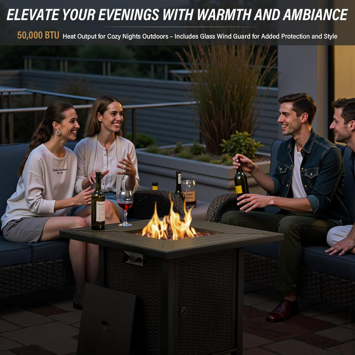 7 Pieces Patio Furniture Set with Fire Pit Table - 4 Outdoor Swivel Rocker Chairs with 50000BTU Propane Fire Table and 2 Side Table, Outdoor Conversation Set for Casual Gathering