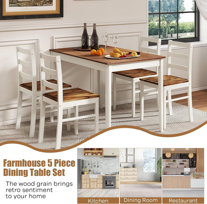 Dining Table Set for 4, Solid Wood Kitchen Table and Chairs, Farmhouse Dinette Set W/Apron, Rubber Wood Legs, Mid-Century Modern Dining Room Table and 4 Chairs for Kitchen, Restaurant