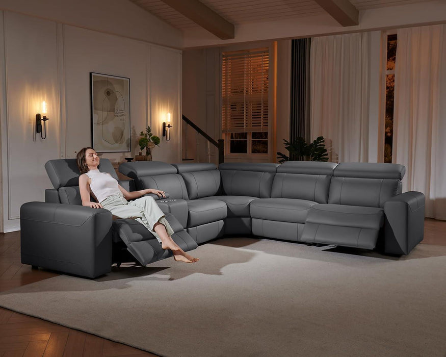 Power Recliner Sofa, Electric Reclining Sofa with Console & Dual Recliner, Leather Sectional Couch for Living Room, Grey